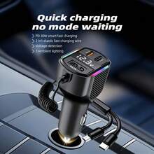 Black Cell Phones Car Charger 1 Multi-Functional Charger Equipped With Two Charging Cables Digital Ambient Light Vehicle Charger Fast Charging Portable Charger 1 USB Interface 2 Type-C Interfaces 1 Type-C Connector Quickly Charging Smart Phones Tablets And Portable Power Banks Valentine's Day Gift - one-size - View 1