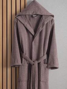 Cotton Rich Hooded Bathrobe - Stripe Design - S//L - L/XL - Made In Turkey - Rusty Rose - View 2
