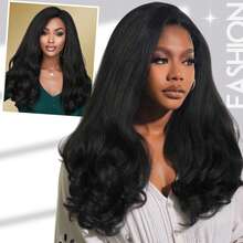 22英寸女士蕾丝分缝波浪卷发合成假发，无胶无缝全头卷发耐热合成编织假发，适合日常佩戴，黑色 - 黑色 - 查看 8