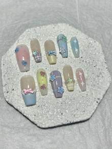 10 miếng dán móng tay hình ngôi sao màu hồng, decal nghệ thuật móng tay thủ công, kiểu móng Pháp Macaroon dễ thương, nơ hồng, móng giả hình quan tài, cỡ trung bình (1 miếng dán dạng thạch + 1 dũa móng) Móng giả thủ công - Hồng - Xem 12