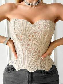 1pc Nude Textured Sheer Floral Lace Hollow Out Cropped Camisole Top, Suitable For Daily Wear, Party, Wedding In Summer - Apricot - View 3