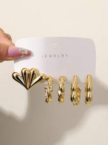 1-9 Pairs Of Retro Luxury Gold C-Shaped Heart Cluster Earrings, Made Of High-Quality Plastic, Suitable For Daily Commuting, Versatile Styling, And Wearing At Gatherings. - Gold - View 7