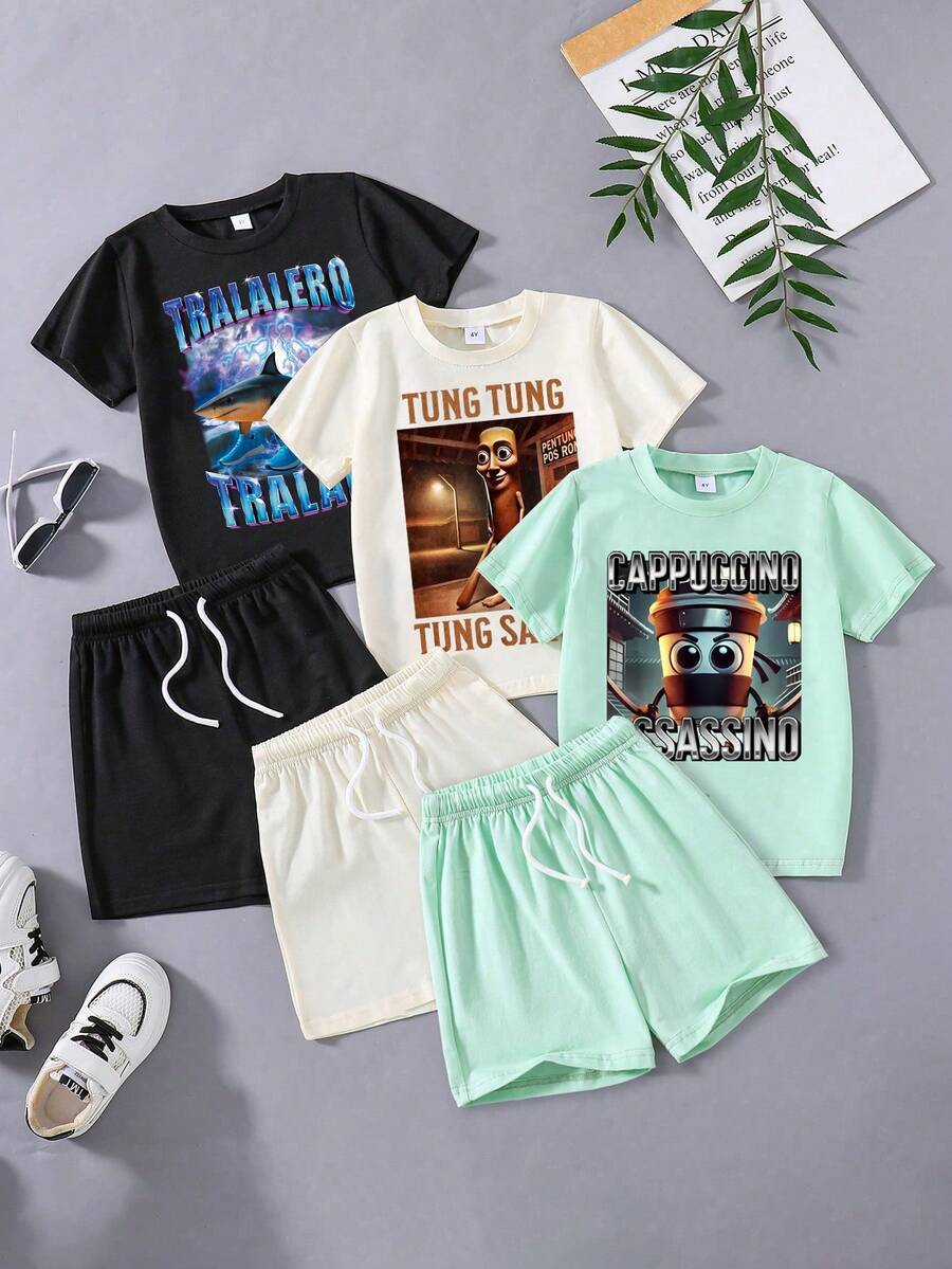 3pcs Toddler Cartoon Print Short Sleeve T-Shirt And Shorts Set - Multicolor - View 1