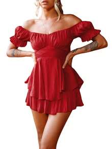 Women Short Jumpsuit, Short Sleeve Off-Shoulder Solid Summer Playsuit For Party Club - Redwood - View 1