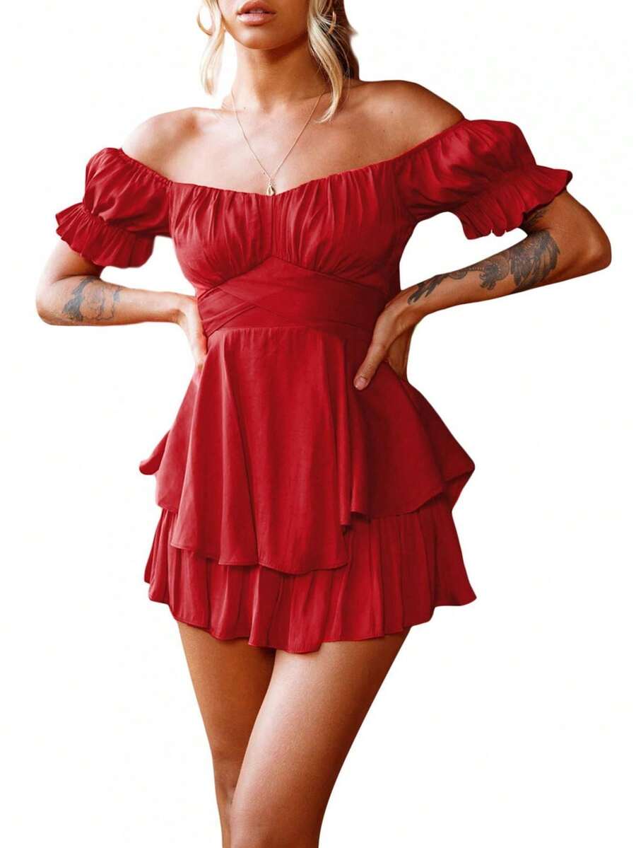 Women Short Jumpsuit, Short Sleeve Off-Shoulder Solid Summer Playsuit For Party Club - Redwood - View 1