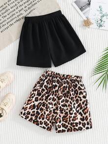 2pcs Girls' Casual Shorts, Summer Outfit, Black + Leopard Print Elastic Waist Wide Leg Shorts, Suitable For 4-8 Years Old, Outdoor, Casual, Party, Holiday Gift, Birthday Gift - Black - View 1