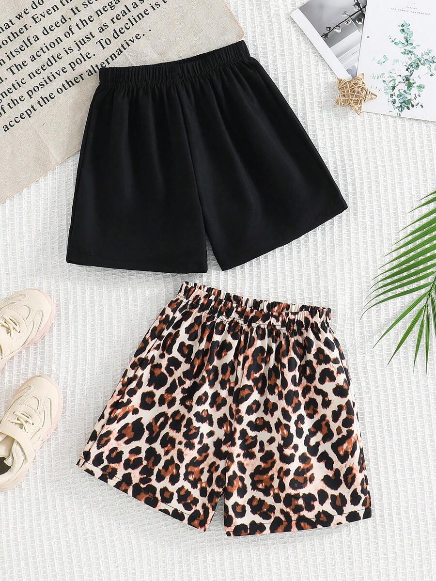 2pcs Girls' Casual Shorts, Summer Outfit, Black + Leopard Print Elastic Waist Wide Leg Shorts, Suitable For 4-8 Years Old, Outdoor, Casual, Party, Holiday Gift, Birthday Gift - Black - View 1