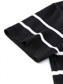 1pc Men's Striped Polo Shirt, Cardigan Top With Collar And Buttons, Short Sleeve Sweater - Black and White - View 6