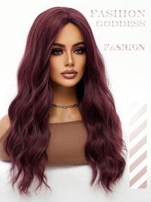 Gothic Punk Grape Red Long Wavy Curls Wig 26-Inch Center Part Bangs Heat-Resistant Synthetic Fiber Wig Women's Soft Voluminous Curls Suitable For Daily Cosplay, Street Style, Holiday Parties, Music Festivals, Y2K Aesthetic, Avant-Garde College Style, Modern Fashion Punk Looks - 中紫紅色 - 查看 9