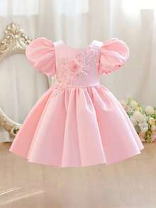 Girls Princess Dress, 3D Embroidered Petal Sleeve Dress, Flower Girl Wedding Party Dress, Baby Pink Birthday Evening Gown, Satin Knee-Length Dress - Pink - View 4