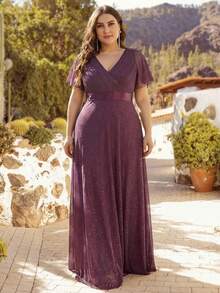 优雅V领短袖长拖尾紫色伴娘礼服派对礼服春夏婚礼宾客礼服 - 紫色 - 查看 7
