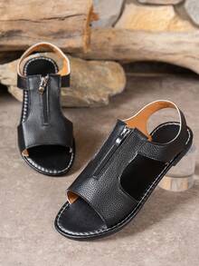 1 Pair PU Leather Zipper Beach Sandals, Outdoor Summer - Black - View 5