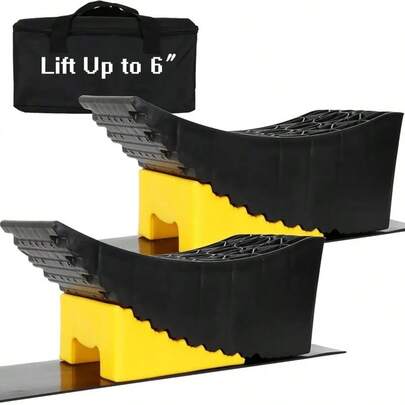 两套房车调平器/轿车调平器/露营车调平器，包含坚固的调平块、房车调平坡道、车轮挡块和车轮楔块，共7件套，配有收纳袋，含2个防滑橡胶垫，最大承重35000磅（16吨）。