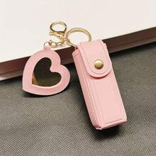 Solid Color Long Lipstick Makeup Bag + Heart-Shaped Small Mirror Pendant] Lipstick Storage Tool, Mini Lip Balm Organizer For On-The-Go Touch-Ups, Travel-Friendly Gift For, Faux Leather Coin Purse, Keychain Storage Bag - 紅色 - 查看 10