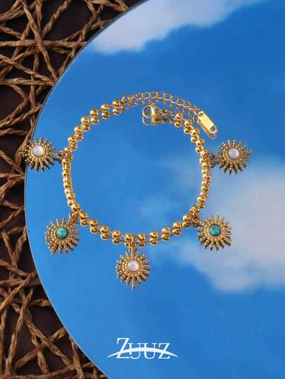 1pc Fashionable Stainless Steel Natural Stone Sun Pendant Bracelet, Women's Multi-Pendant Beaded Chain Bracelet, Suitable For Party Gifts And Daily Wear