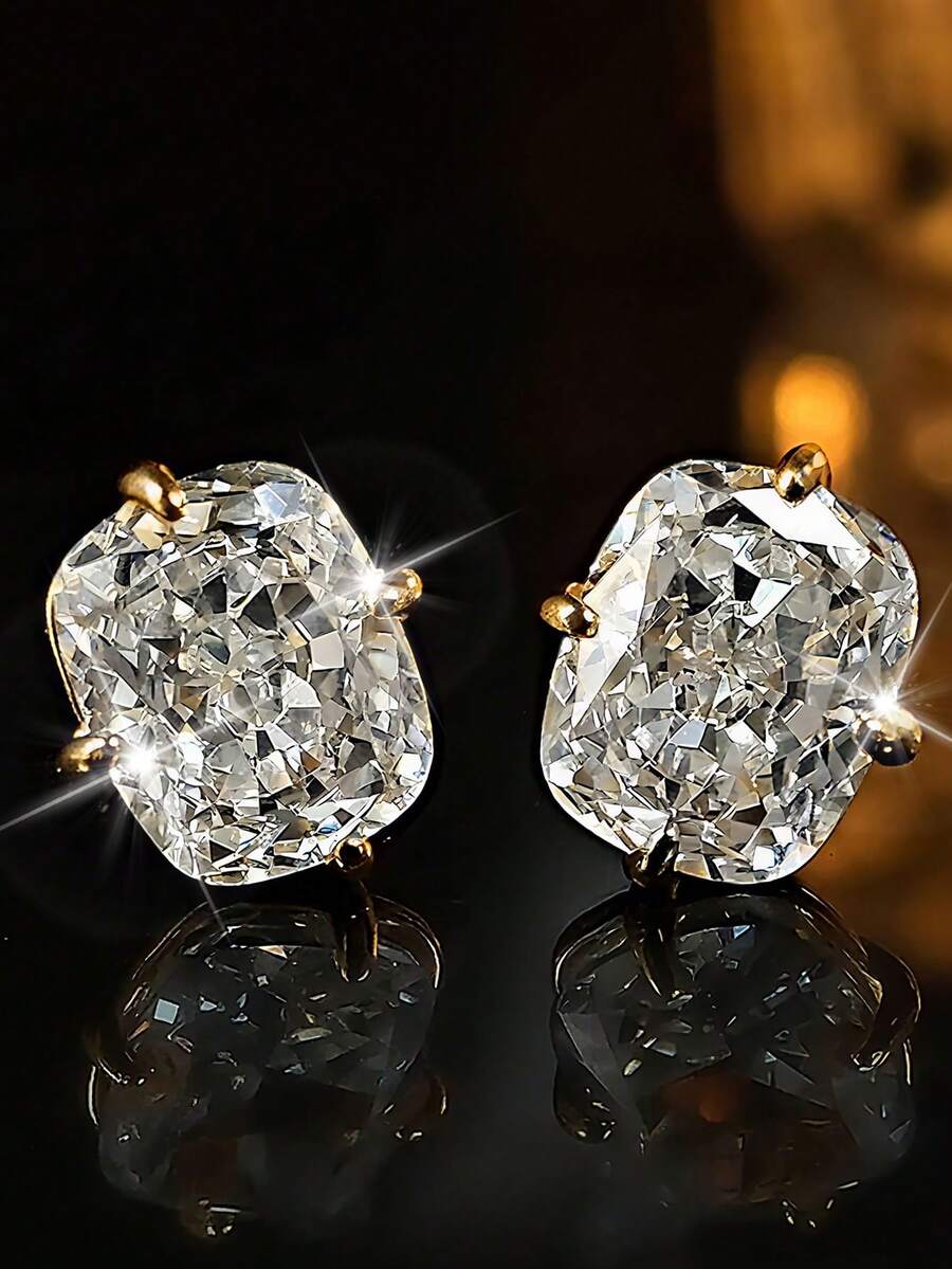 2pcs Elegant Cubic Zirconia Square Earrings, Gold Plated Bridal Jewelry, Gift For Girlfriend, Wife Or Lover On Valentine's Day And New Year - Earrings - View 1