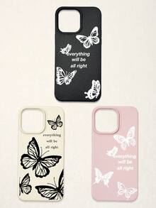 3pcs Butterfly Pattern Phone Cases, Motivational Slogan Positive Energy Phone Cases, Faux Leather Texture Black White Pink Shockproof Protective Covers, Compatible With IPhone & - Multicolor - View 50