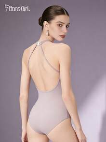 DonsGirl 1pc Women's French Ballet Leotard - Off-Shoulder Neckline With Elastic Mesh Splice, Elegant Dance Performance Outfit - Dusty Purple - View 3