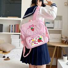 Kawaii Strawberry Embroidery Backpack For Girls Cute Pink Lace JK Strawberry Backpack Teens Students Embroideried School Bag Bookbag Satchel - Hồng - Xem 3