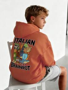 1件装男童休闲印花套头卫衣，保暖内衬，长袖，秋冬季 - 橘色 - 查看 5