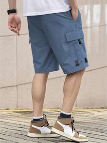 1件男士夏季户外纯色口袋抽绳腰带工装短裤 - 藍色 - 查看 2