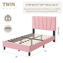 Base de Cama Plataforma con Cabecera Tapizada de Lino Ajustable, Soporte de Listones de Madera Resistentes, Sin Resorte de Caja Necesario y Montaje Fácil - Rosa-Gemelo - Ver 2