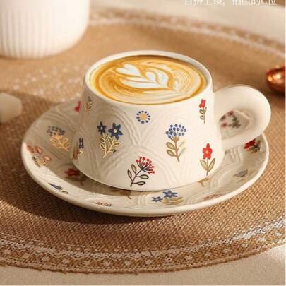 1 Set INS Style Shiny Cup & Saucer, High-Quality Living, High Aesthetic For Women, Elegant Home Decor, Breakfast Hot Drink Cup, Dessert Exclusive Container, Afternoon Coffee Set, Ceramic Cup & Saucer, Practical & Decorative, Elevate Home Ambiance