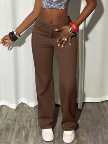 Jeans rectos casuales para mujer - Marrón - Ver 4