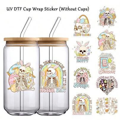 9pcs Happy Easter UV DTF Transfer Stickers For Glass Cup - Fun Bunny Skeleton Design, Cup Wraps Decals For Mugs, Glasses, And DIY Crafts, Holiday Party Decorations, Easter Gifts