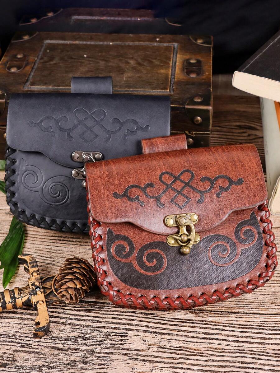 1PC Viking-Inspired Brown PU Leather Waist Bag With Celtic Pattern – Medieval Cosplay Festival Belt Pouch - A - View 1