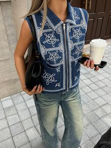 Women's Short Sleeveless Printed Denim Jacket - Dark Wash - View 4