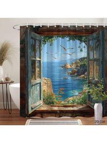 1pc Coastal Ocean View Shower Curtain - Vintage Seaside Landscape With Birds, Rocky Cliffs & Turquoise Waters, Polyester Fabric Bath Curtain 70.8x70.8 Inch With Hooks, Machine Washable Bathroom Decor For Coastal, Nautical - 浴簾1 - 查看 2