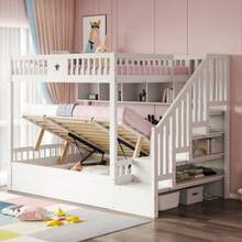 Wooden Bed 140*200CM, Hydraulic Under-Bed, Storage Stairs, Shelves, Loft Bed, Bunk Bed, Youth Bed, White - White - View 3