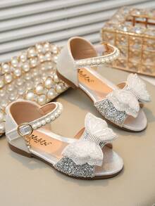 Cute Bow Pearl Rhinestone Flat Sandals For Little Girls Princess Shoes - Silver - View 5