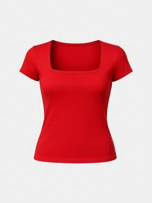 Set Of 3 Women's Short-Sleeve Blouses In Cool Mesh Spandex, Basic Square Neckline - Navy Blue, Red and Black - View 3