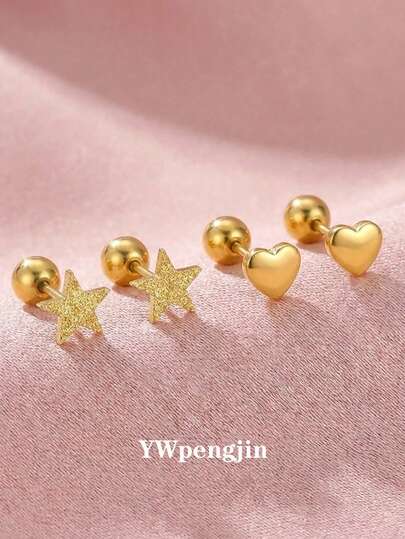 2 Pairs/Set Children's Simple Sweet Cute Precise Frosted Star And Smooth Heart Gold Stud Earrings, Ideal Gift For Girls, Kids, Family, Friends, Classmates, Sisters, Daughters, Suitable For Street, Vacation, Party, Date, Holidays, Christian Birthday, Daily Wear