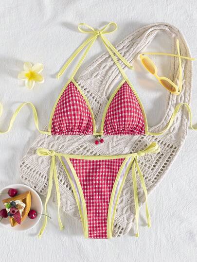 wohenmeili Conjunto de bikini de mujer con top halter anudado, estilo bohemio con espalda descubierta y tanga con lazos laterales, fabricado con tela elástica especial con diseño de colores contrastantes, conjunto de traje de baño de mujer con accesorios adorables