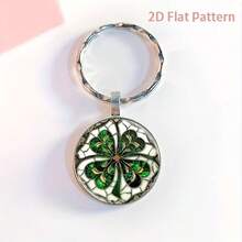 1pc Synthetic Gemstone Keychain With Vintage Floral And Clover 2D Pattern, Compact And Cute, Suitable For Everyday Use - Multicolor - View 1