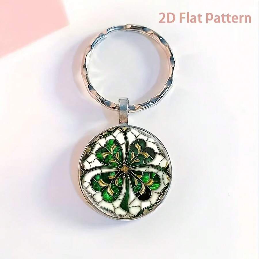 1pc Synthetic Gemstone Keychain With Vintage Floral And Clover 2D Pattern, Compact And Cute, Suitable For Everyday Use - Multicolor - View 1