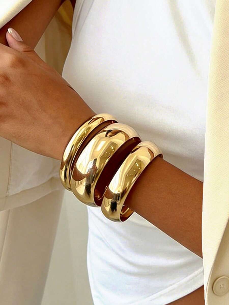 3 peças/Conjunto Pulseira Bracelete Dourada em Formato de Tambor Retrô Exagerado e Liso, Conjunto de Joias Minimalista e Sofisticado, Adequado para Mulheres, Homens, Casais, Férias, Casual, Festa, Dia dos Namorados, Aniversário, Acessório Versátil - Ouro amarelo - Visão 1