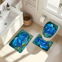 海豚图案浴帘套装，含12个挂钩的浴帘、防滑浴室垫、U型马桶垫、马桶垫、浴室配件 - MZ - 查看 5