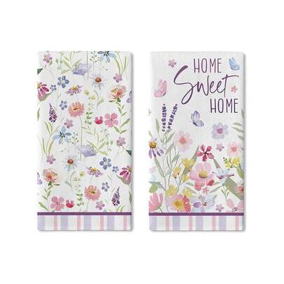 2pcs Croll Spring & Summer Floral Kitchen Towel Set, Watercolor Floral & Butterfly Design, Warm Wildflower Pattern Kitchen Towel Gift, Super Absorbent Cartoon Design, Machine Washable Reusable Towel For Home, Kitchen, Bathroom, Car, Window Cleaning - Soft Knitted Dish Towel