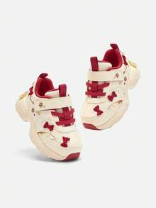 Balabala Kids Breathable Mesh Sneakers With Hook And Loop Closure Casual Walking Shoes For Girls - White and Red - View 4