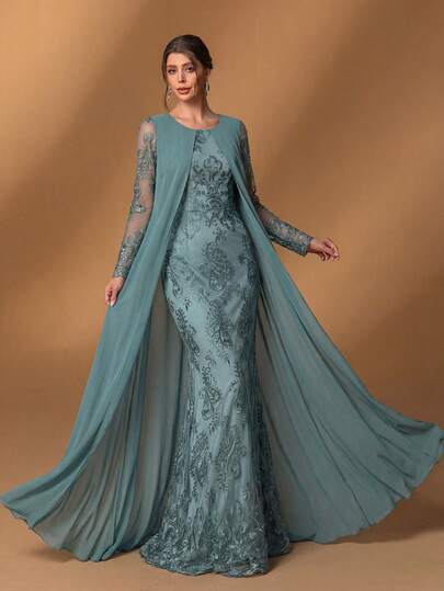 Faeriesty Elegant Mint Green Mermaid Evening Gown With Sheer Floral Sleeves And Matching Cape, Long Sleeve Formal Dress Suitable For Beach Weddings, Formal Galas, Celebrations, And Wedding Guests