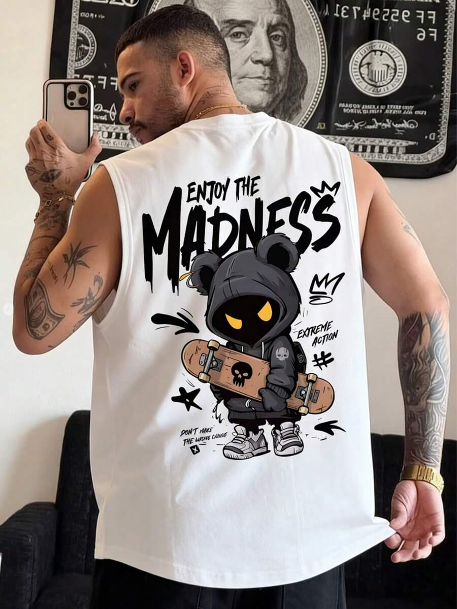 酷炫小熊与滑板图案圆领无袖休闲上衣，适合都市时尚和滑板文化（可机洗） - 白色 - 查看 1