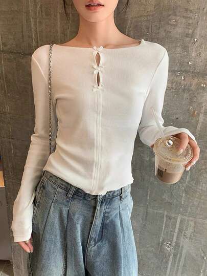 Sweet Bow Decor Regular-Shoulder Long Sleeve T-Shirt For Women, Autumn Fitted Undershirt