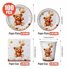 25pcs Teddy Bear Themed Disposable Tableware Set, Including Plates, Napkins, Cups, Suitable For Birthday, Wedding, Party, Family Picnic - Multicolor - View 6