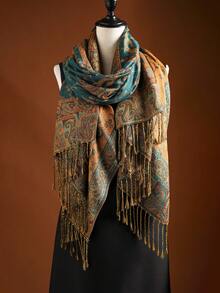 1件波西米亚风流苏佩斯利提花羊绒披肩/围巾/披肩 红色围巾 - 孔雀藍 - 查看 2