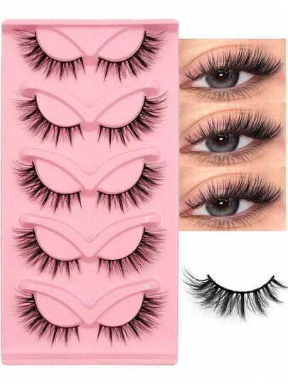  Asiteo 5 Pairs Cat Eye Eyelashes Manga Eye, 3D Natural Eye End Elongated Faux Mink Lashes, Soft Band False Lashes, Fluffy Lashes, Wispy Cross Daily Eyelash Extension Makeup Suitable For Travel, Party, Dates