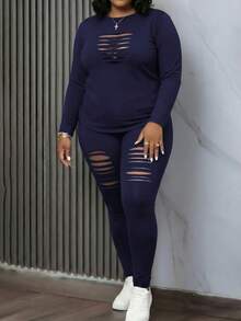 Plus Size Women's 2-Piece Set, Sexy Hollow-Out Long Sleeve Top And Perforated Design Pants, Suitable For Spring And Autumn Elegant - Navy - View 2